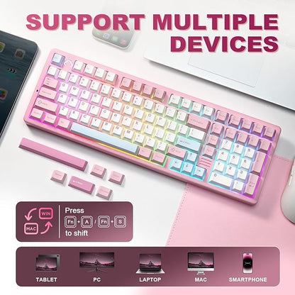 YUNZII AL98 QMK/VIA Wireless Mechanical Gaming Keyboard,Full Aluminum,BT/2.4G/USB-C, Pre-Lubed Hot Swappable Gasket Mount 1800 Layout,RGB Backlit for Win/Mac (Pink, Cocoa Cream V2 Switch)