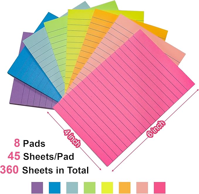 Lined Sticky Notes 4x6 in, 8 Pack Super Sticking Power Self-Stick Note Pads Bright Colors for Home, Office, School