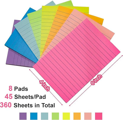Lined Sticky Notes 4x6 in, 8 Pack Super Sticking Power Self-Stick Note Pads Bright Colors for Home, Office, School