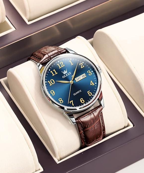 OLEVS Mens Watches Vintage Leather Band Dress Classic Easy Reader Arabic Numerals Analog Quartz Waterproof Date and Day Blue/Black/White Large Face Men's Wrist Watches