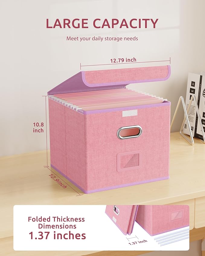 Oterri 2 Pack File Organizer Box,File Box,Small File Cabinet for Letter Folders,Pink Portable Filing Box,Hanging File Folder Organizer with Lid for Office/Decor/Home- without Folders