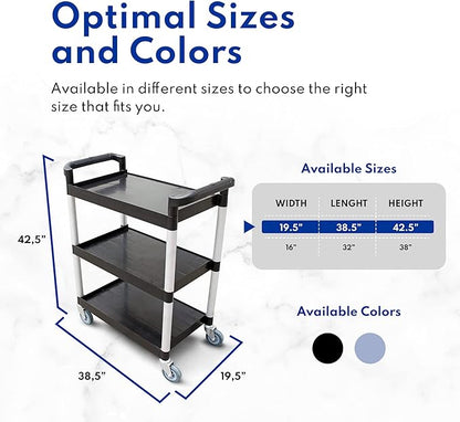 New Star Foodservice 54569 350-Pound Plastic 3-Tier Utility Bus Cart with Locking Casters, 42.5 "x 19.5" x 38.5", Gray