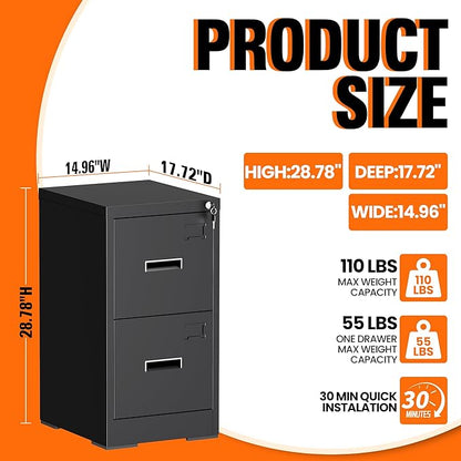 2-Drawer Locking Vertical File Cabinet, Metal Storage Cabinet for Office/Home – Secure Vertical Filing for Letter/Legal/A4/F4 Documents, Easy to Assemble Steel Cabinet