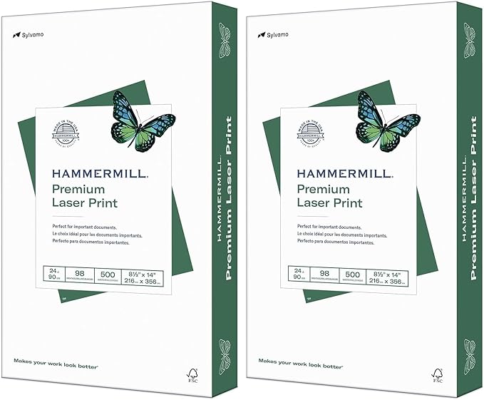 Hammermill Printer Paper, Premium Laser Print 24 lb, 8.5 x 14-1 Ream (500 Sheets) - 98 Bright, Made in the USA, 104612 (Pack of 2)