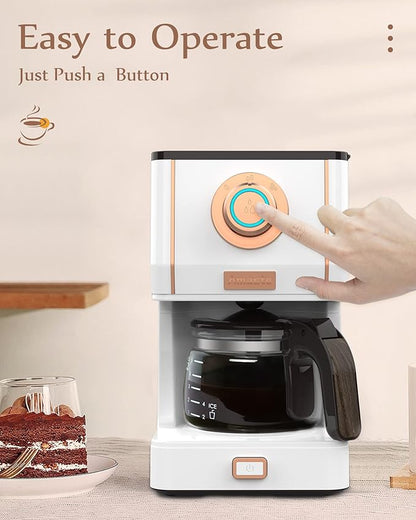 Amaste Retro Style Coffee Machine with 25 Oz Glass Coffee Pot, Reusable Coffee Filter & Three Brewing Modes, 30minute-warm-keeping, Elegant White with Rose Gold