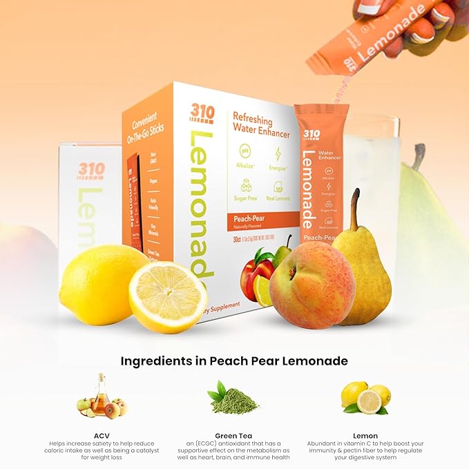 310 Nutrition Sugar-Free Lemonade Water Flavoring Packets, Peach Pear Hydration Powder with Alkalizing Minerals, Low-Calorie Water Enhancer for Energy & Refreshment, 30 Singles, Made in The USA