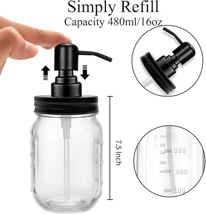 2-Pack Mason Jar Soap Dispenser - 16 oz Thick Clear Glass Soap Dispenser with Rust Proof Stainless Steel Pump and Lid for Liquid/Dish Soap/Lotion, Refillable Dispensers for Kitchen Bathroom Countertop
