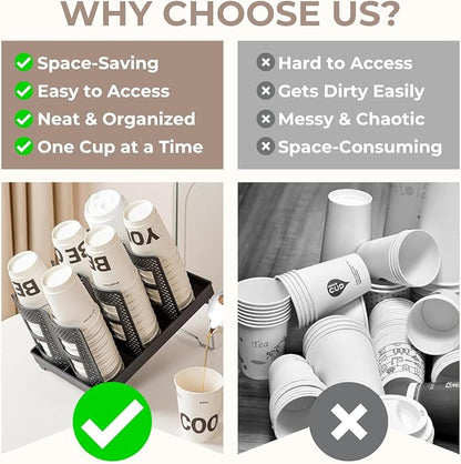 Atarvana 6 Slots Paper Cup and Lid Holder for 8-20oz Cups, Disposable Coffee Cup Dispenser of 2 Display Design for Coffee Station, Bar, Office, Home, Restaurant, Breakroom, Countertop