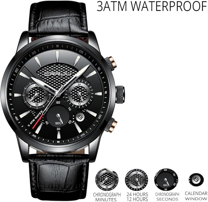 CRRJU Men's Business Casual Chronograph Quartz Waterproof Wristwatch Black Leather Strap