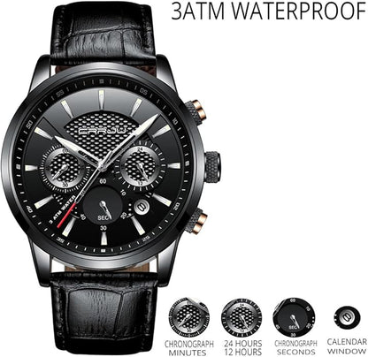 CRRJU Men's Business Casual Chronograph Quartz Waterproof Wristwatch Black Leather Strap