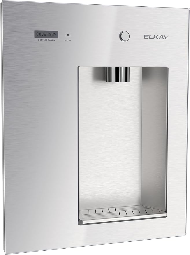 Elkay Liv EZ Built-in Filtered Wall-Mount Water Dispenser – Battery Powered, NSF Certified, Push Button, Reduces Lead & PFAS, Steel Gray – Ideal for Home