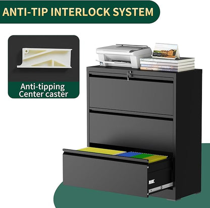 3 Drawer Lateral File Cabinet with Lock, Metal File Cabinets for Home Office, Steel Heavy-Duty Filing Storage Cabinet for Letters/Legal/A4 (Require Assembly, Black)