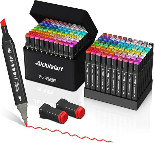 alchilalart 80 Colors Alcohol Markers Set - Dual-Tip Art Markers for Sketching, Animation, Blending - Professional Art Supplies for Artists, Designers, Adults