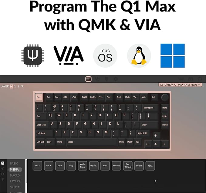Keychron Q1 Max RGB QMK/VIA Custom Mechanical Keyboard, Hot-Swappable Full Metal Programmable Knob with Gateron Jupiter Banana Switch, 2.4 GHz/Bluetooth/Wired Gaming Keyboard for Mac Windows Linux