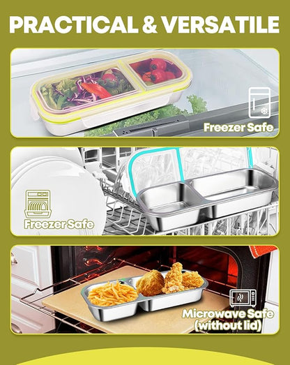 2Pack Stainless Steel Snack Containers for Kids Adults, Reusable 2 Compartment Snackle Box Container with Leakproof Lids Metal Bento Lunch Boxs Food Storage Containers for Travel Picnics Office School