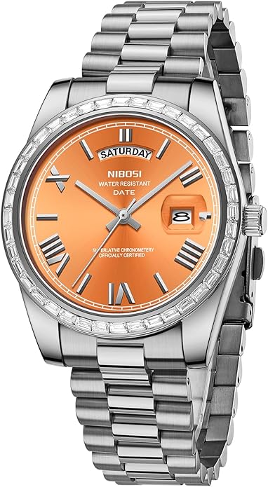 NIBOSI Men's Watches Analog Quartz Diamond Bezel Stainless Steel Dial Rose Gold Silver Watches for Men Waterproof Business Classic Dress Wrist Watch with Day Date