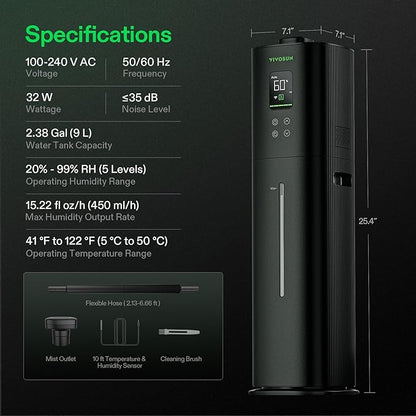 VIVOSUN AeroStream H09 Intelligent Wi-Fi Humidifier, 2.38 Gal / 9 L Humidifier with Temp & Humidity Probe, Smart Remote Control, Designed for Growers (Pack of 2)