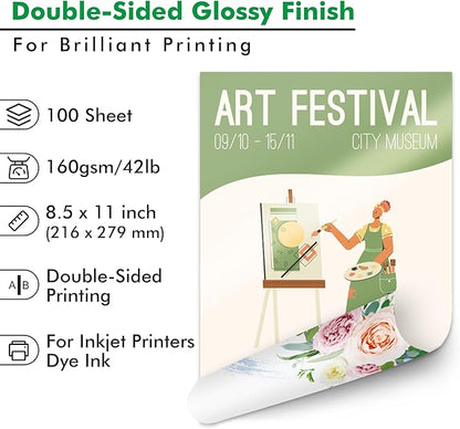 Koala Brochure Paper Double Side Glossy for Printing Photo 8.5X11 Inches 100 Sheets Compatible with Inkjet Printer 42LB
