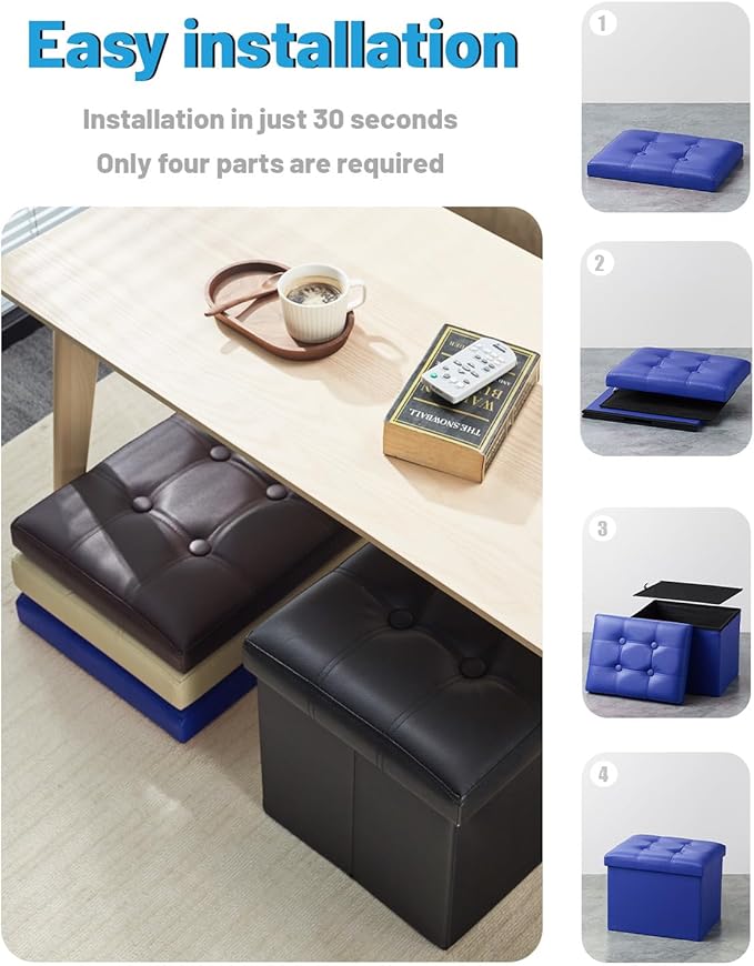 AmasSmile Storage Ottoman Folding Foot Rest Stool, Leather Footstool Bench, Short Ottoman Stool, Storage Foot Rest Store, Books (Blue-2pc, 17" D x 13" W x 13" H)