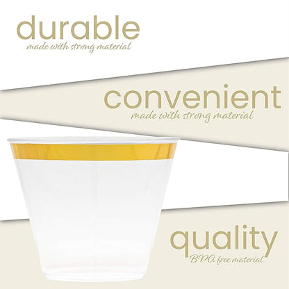 PLASTICPRO 9 oz Disposable Plastic Party Cups,Old fashioned Designed Tumblers, With gold Rim 100 Count, Crystal Clear