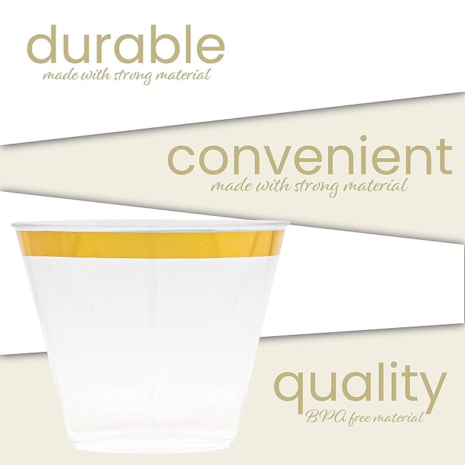 PLASTICPRO 9 oz Disposable Plastic Party Cups,Old fashioned Designed Tumblers, With gold Rim 200 Count, Crystal Clear