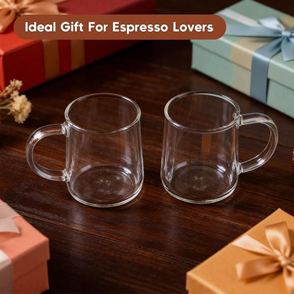 Glass Espresso Cups Set of 2, 3 oz Clear Espresso Shots Cup with Handle, Mini Coffee Cups Glasses Mugs, Demitasse Cups, Cappuccino Cup, Suit for Espresso Machine, Microwave Dishwasher Safe