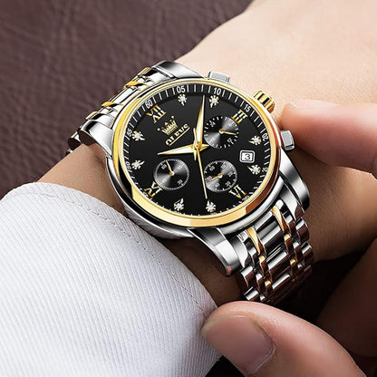OLEVS Men's Luxury Watch Waterproof Luminous Easy Read Chronograph Watches Full Gold/White Dail/Black Face with Calendar Wristwatch