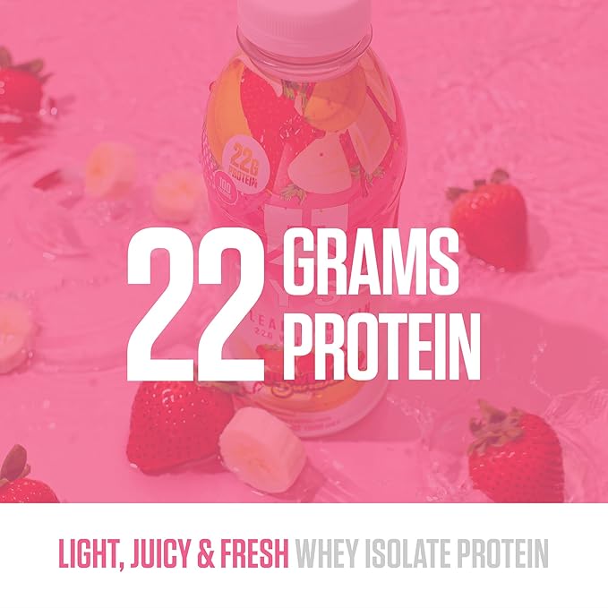RYSE Clear Protein Drink - Strawberry Banana - 100 Calories, 22g Whey Isolate Protein Shake, Sugar-Free, 0g Fat & Lactose-Free - Refreshing Ready-to-Drink Beverage - 16.9 fl oz Bottles (12-Pack)