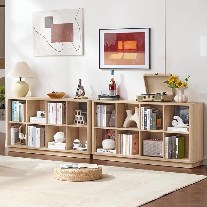 8 Cube Storage Book Shelf, 52" Long Horizontal Bookshelf with Curved Edge, Floor Standing Wooden Cubby Bookcase with Base, Modern Low Console Book Case, TV Stand for Living Room, Natural Oak