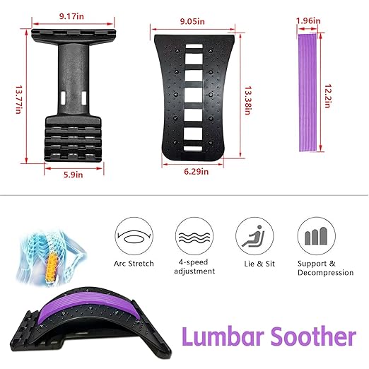 Lumbar Support Board & Back Stretcher - 4-Level Adjustable Cracker for Lower Back Pain Relief, Home Office Use (Purple)