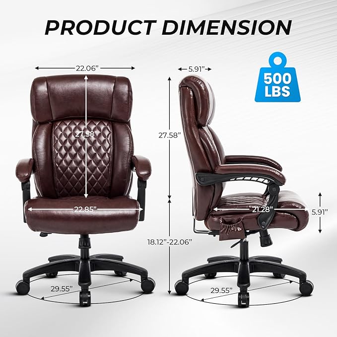 Big and Tall Office Chair, 500LBS Heavy Duty Massage Desk Chair, Ergonomic Executive Office Chair with High Back and Lumbar Support, Brown