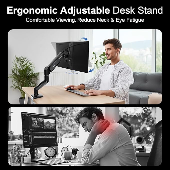 NearHub Single Monitor Mount Arm for 13-32" Up 22 lbs Screens | VESA 75x75/100x100 | Clamp/Grommet Base | Cable Management | Space Saving Desk Setup,180° Swivel, Tilt +90° to -45°, 360°Rotation