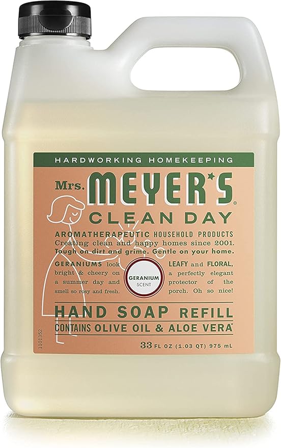 MRS. MEYER'S CLEAN DAY Hand Soap Refill, Made with Essential Oils, Biodegradable Formula, Geranium, 33 Fl. Oz (Pack Of 2)