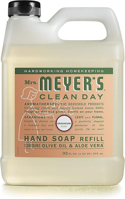 MRS. MEYER'S CLEAN DAY Hand Soap Refill, Made with Essential Oils, Biodegradable Formula, Geranium, 33 Fl. Oz (Pack Of 2)