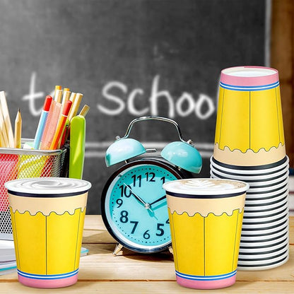 Funtery 100 Pieces Pencil Paper Cups Back to School Disposable Coffee Cups 9 Ounce Drinking Tea Paper Cups Pencil Cups for Daily Use Back to School Party