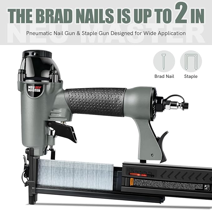 NEU Master Pneumatic Brad Nailer, 2 in 1 Nail Gun Staple Gun Fires 18 Gauge 2 Inch Brad Nails and Crown 1-5/8 inch Staples with Carrying Case and Safety Glasses(Used with Air Compressor)
