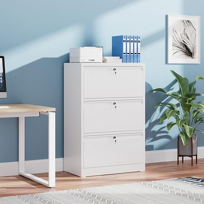 SUXXAN Metal 3 Drawer Lateral File Cabinet with 3 Lock - Wide Filing Cabinet for Letter/Legal/F4/A4 Hanging Files - Includes Business Card Holder,Home Office School Storage,White