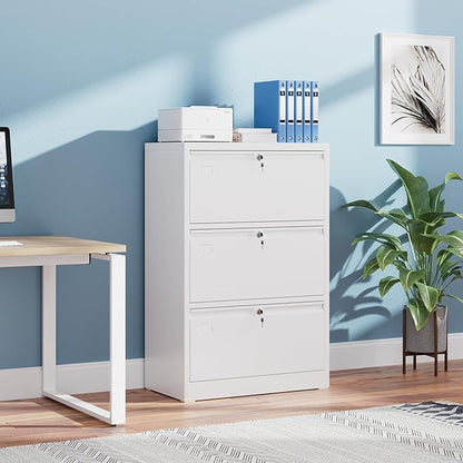 SUXXAN Metal 3 Drawer Lateral File Cabinet with 3 Lock - Wide Filing Cabinet for Letter/Legal/F4/A4 Hanging Files - Includes Business Card Holder,Home Office School Storage,White