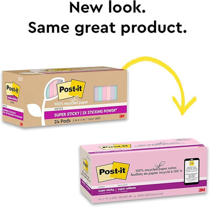 Post-it 100% Recycled Paper Super Sticky Notes, 2X The Sticking Power, 3x3 in, 24 Pads/Pack, 70 Sheets/Pad, Wanderlust Pastels Collection (654R-24SSNRPCP)