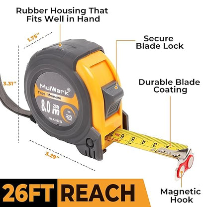 MulWark 26ft Measuring Tape Measure by Imperial Inch Metric Scale with Both-Side Metal Blade,Magnetic Tip Hook and Shock Absorbent Case-for Construction,Contractor,Carpenter,Architect,Woodworking