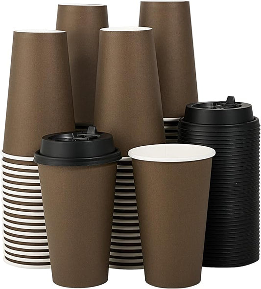 LITOPAK 100 Pack 16 oz Disposable Paper Coffee Cups with Lids for Coffee, Water, Juice, or Tea, Brown Hot Paper Cups for Home, Restaurant, Store, and Cafe