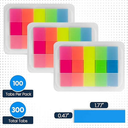 Essex Wares - 300 Pieces - Transparent Sticky Notes Tabs with Case - 5 Bright Colors - 3 Cases - 1.8" x 0.4" - 60 Pieces Each Color - Pop Up Index Tabs - Book Flags for Annotating - Book Sticky Tabs