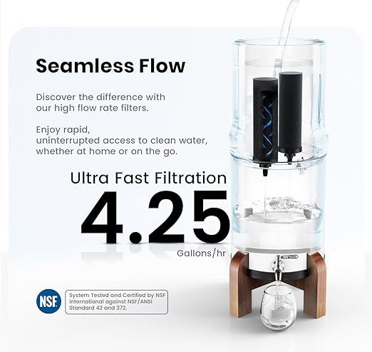 Gravity Water Filter System - 2.25 Gallons NSF Certified AISI 304 Stainless Steel Water Filter with 2 Smart Carbon Filters, 2 POSTreat Steel Fluoride Removal Elements & Free Stainless Steel Spigot