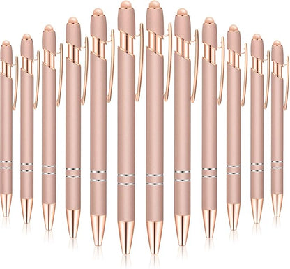 Tenare 12 Pieces 2 in 1 Stylus Metal Ballpoint Pen with Stylus Tip, 1.0 mm Black Ink Ballpoint Pen for Touch Screens(Rose Gold)