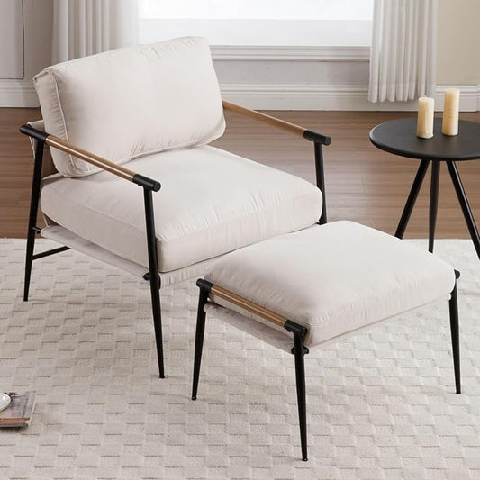 LukeAlon Mid-Century Chenille Accent Chair with Ottoman, Soft Living Room Chair with Metal Legs Modern Upholstered Armchair Reading Nook Chair Lounge Leisure Chair with Footstool for Bedroom, Beige