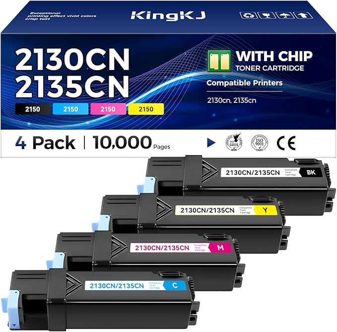 KingKJ 2130CN 2135CN Toner Cartridge Compatible Replacement for Dell 2130cn 2135cn 2130 2135 Printers 330-1436 T106C 330-1437 T107C 330-1433 T109C 330-1438 T108C Black Cyan Magenta Yellow 4-Pack