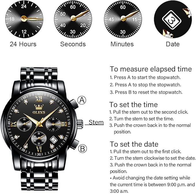 OLEVS Men's Stainless Steel Chronograph Watch, Big Face Gold Silver Black Tone Easy to Read Analog Quartz Watch, Luxury Waterproof Date Diamond Roman Arabic Numerals Dial Dress Watch for Men