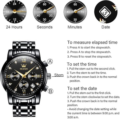 OLEVS Men's Stainless Steel Chronograph Watch, Big Face Gold Silver Black Tone Easy to Read Analog Quartz Watch, Luxury Waterproof Date Diamond Roman Arabic Numerals Dial Dress Watch for Men