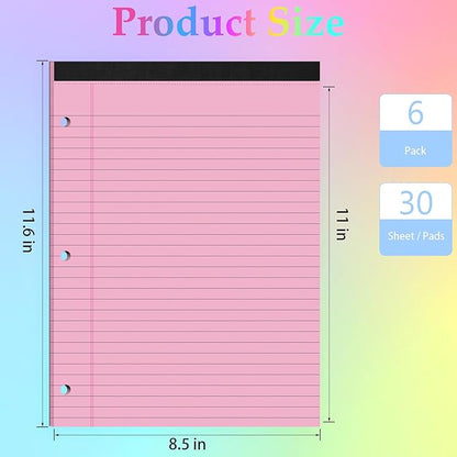 HAUTOCO 6 Pack 8.5 x 11 Legal Pads Colored Wide Ruled Notepads Perforated Writing Pads, 30 Sheets Per Notepad, 3-Hole Punched Paper, Writing Note Pads for School, Home, Office, Business