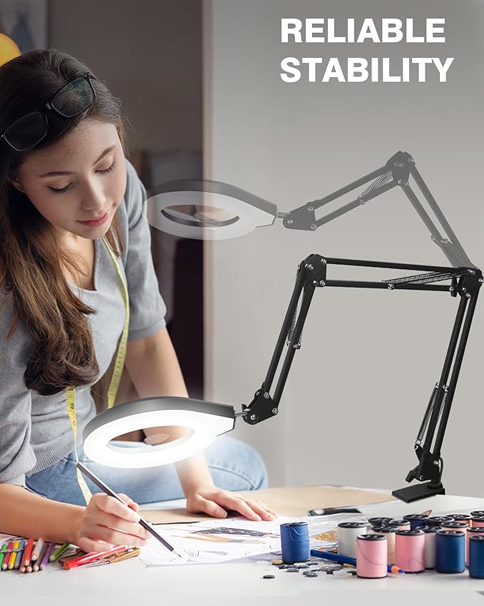 10X & 5X Magnifying Glass with Light, Ultra Long Swing Arm, 5 Colors & 10 Brightness, Real Glass Lens Large Magnifying Lamp for Craft Painting Workbench Jewelry Making Hobby Close Work (White)